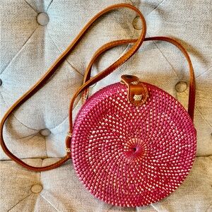Handwoven Barbie Pink Round Bamboo Sustainable Textile Crossbody Bag
